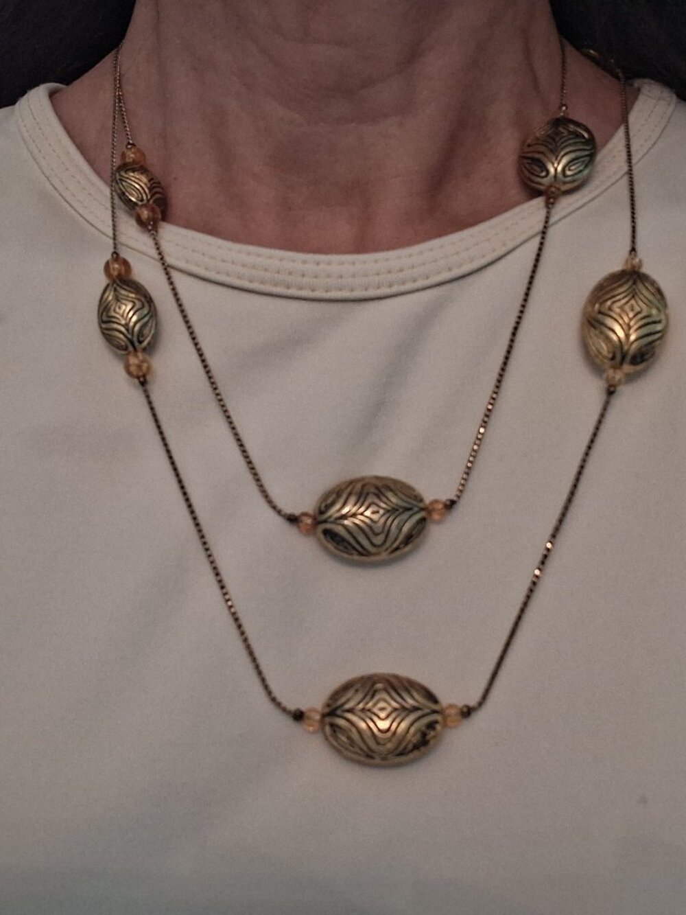 GOLD TONED LONG LAYERED AMBER BEAD NECKLACE